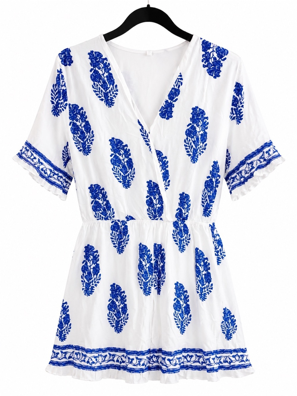 White V-Neck Romper with Blue Floral Print